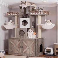 Heybly Cat Tree with Litter Box Enclosure for Indoor Big Cat HCT110SG – Essentials for Cats - Rustic Gray / 60 inch