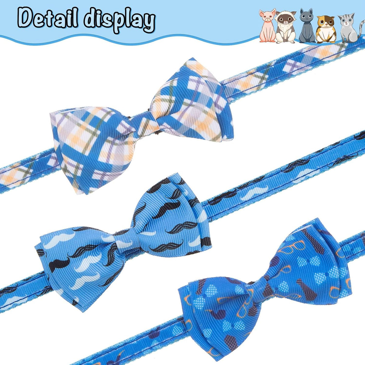 Breakaway cat collar 3-pack with removable bow tie and bell, patterned polyester - view 2