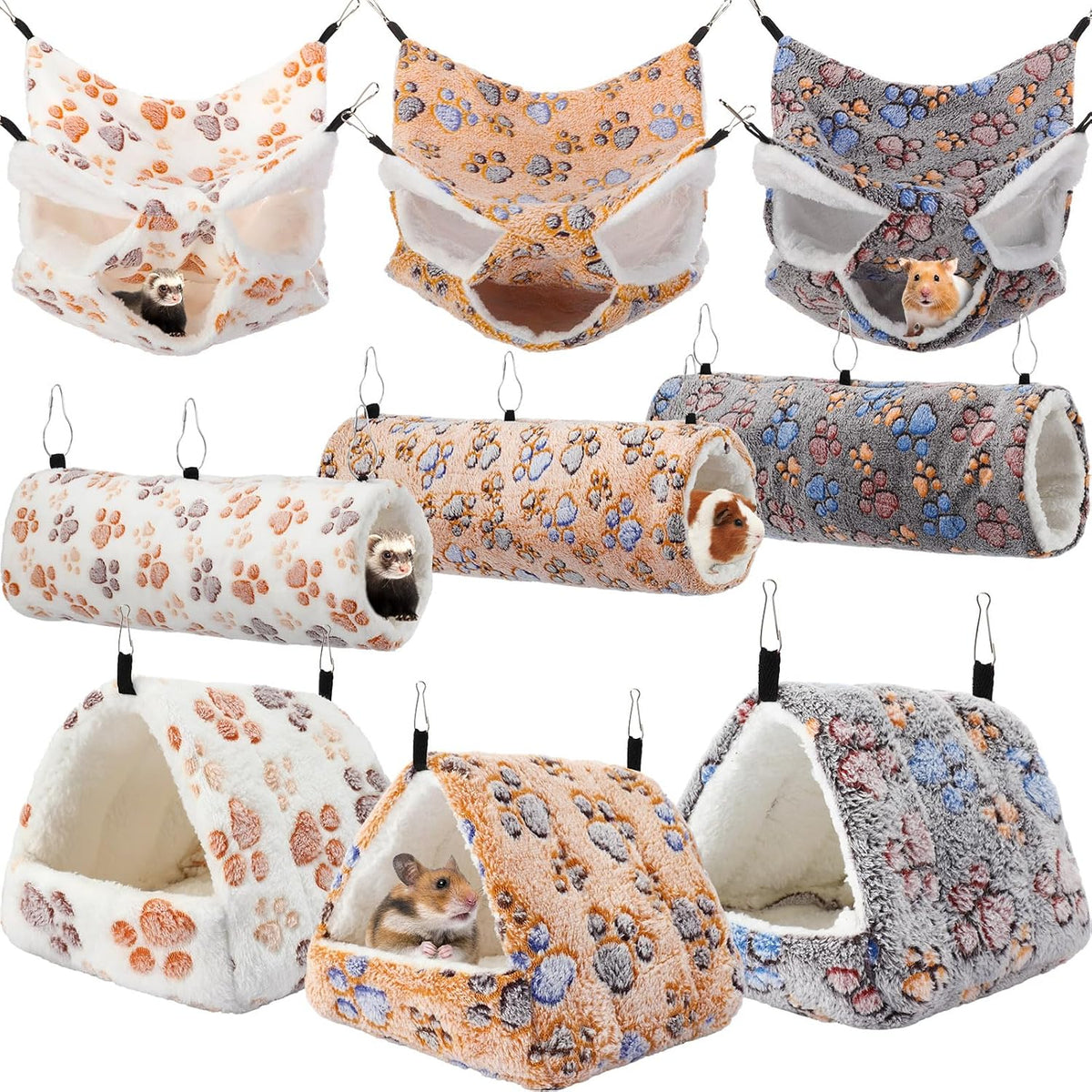 Abbylike 9 Pieces Rat Hammock 3 Tier Guinea Pig Ferret Hammocks Small - Light Brown, White, Black / Paw