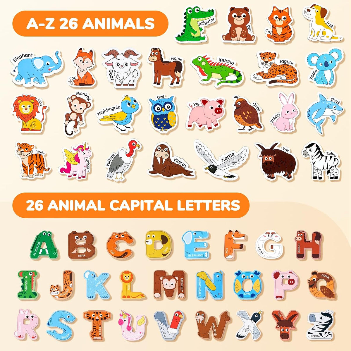 JoyCat Wooden Thick Alphabet Magnets for Toddlers Fridge Large Size - Letters+Animals - image 2