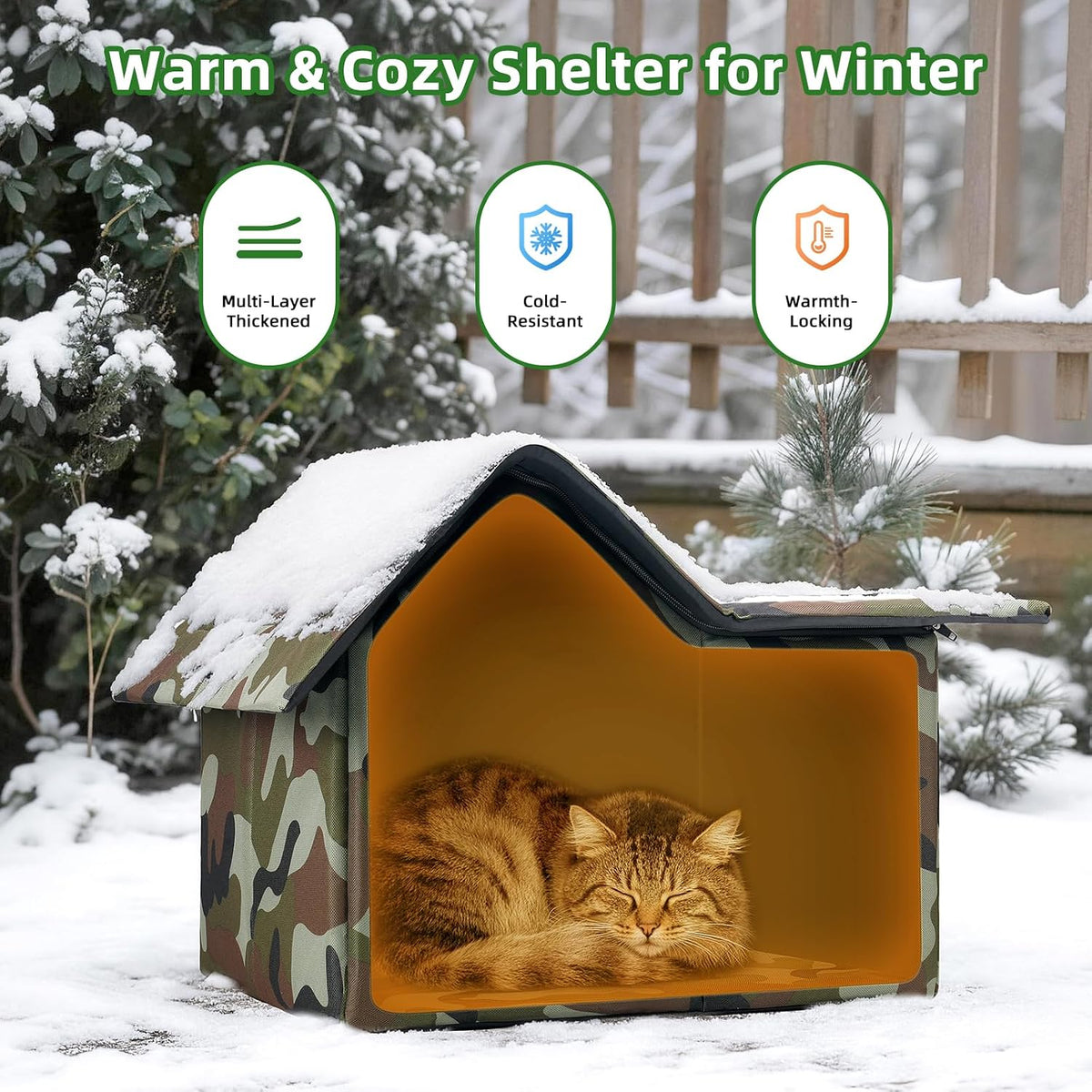 Outdoor Cat House Weatherproof, Large Feral Cat House for Winter - Green / 17" x 13" x 15" - image 4