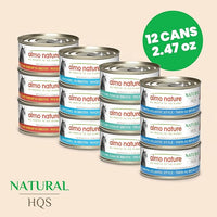 Almo Nature: HQS Natural Cat Pack 2 - (12) 2.47oz Can, Adult Cat Wet Canned Food - 3 Each: Atlantic Tuna, Mackerel, Trout & Tuna, Chicken & Shrimp