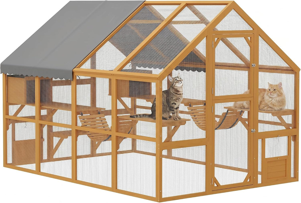 PawHut 110" L Large Catio Outdoor Cat Enclosure for Multiple Kittens - 110.0"L x 73.0"W x 74.0"H / Yellow
