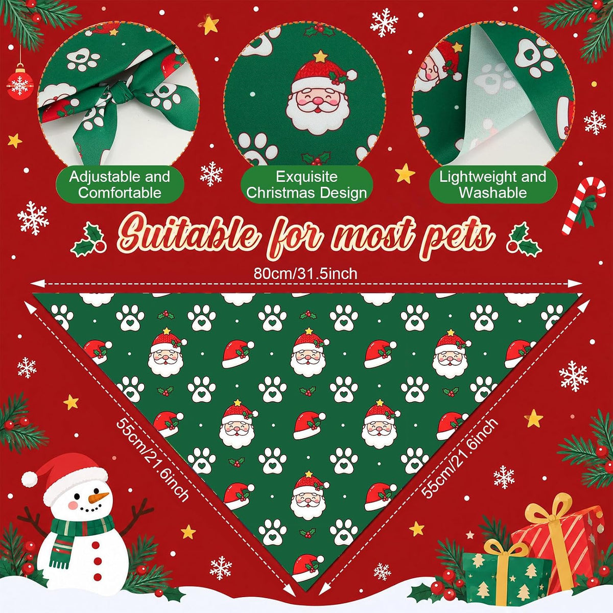 Preboun 100 Pcs Fall Paw Print Dog Bandanas Bulk - Christmas Paw Print / 31.5 x 21.7 x 21.7 Inch - image 3