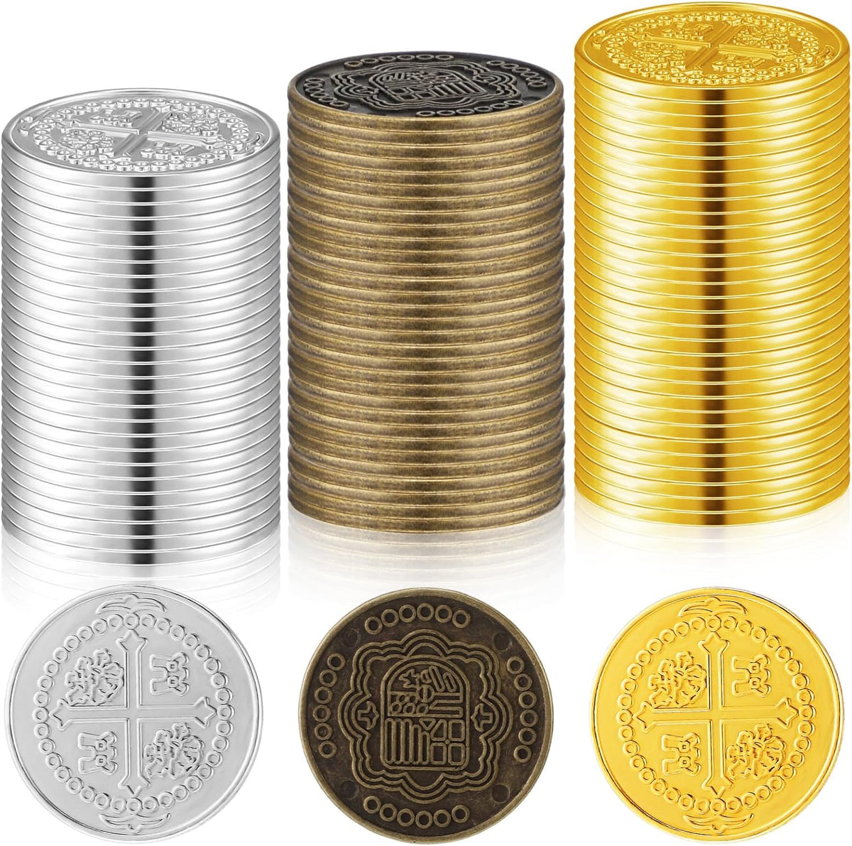 Hanaive 50 Pcs Metal Fake Gold Coins, Silver, Bronze - Gold, Silver, Bronze / Round