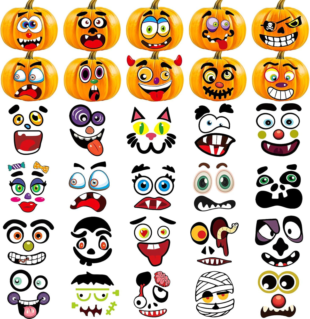 Aowplc Halloween pumpkin face stickers for kids, 32 small faces on vinyl sheets