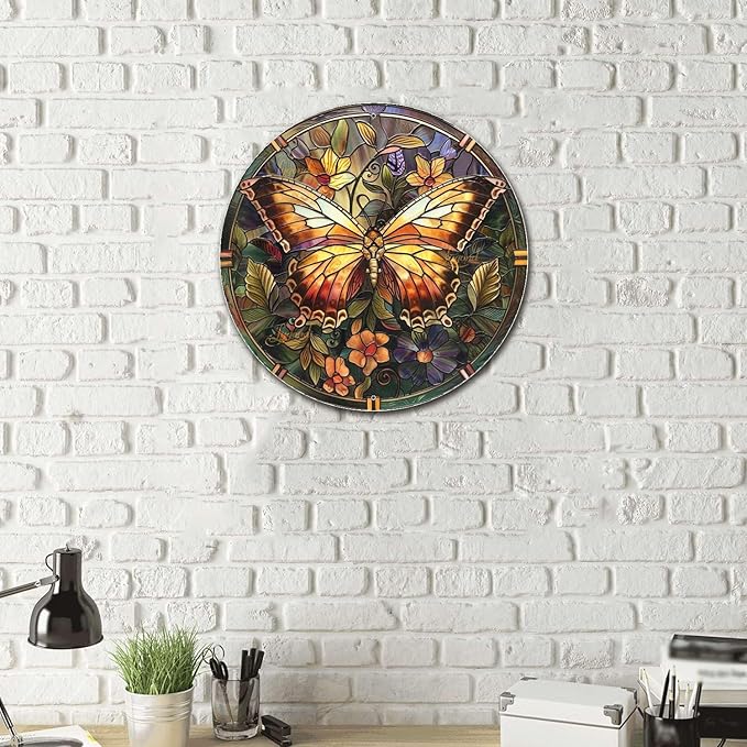 Lygond Metal Sign Tin Sign Circular Stained Glass Butterfly Funny Bathroom Decor for Garage 8×8 Inches