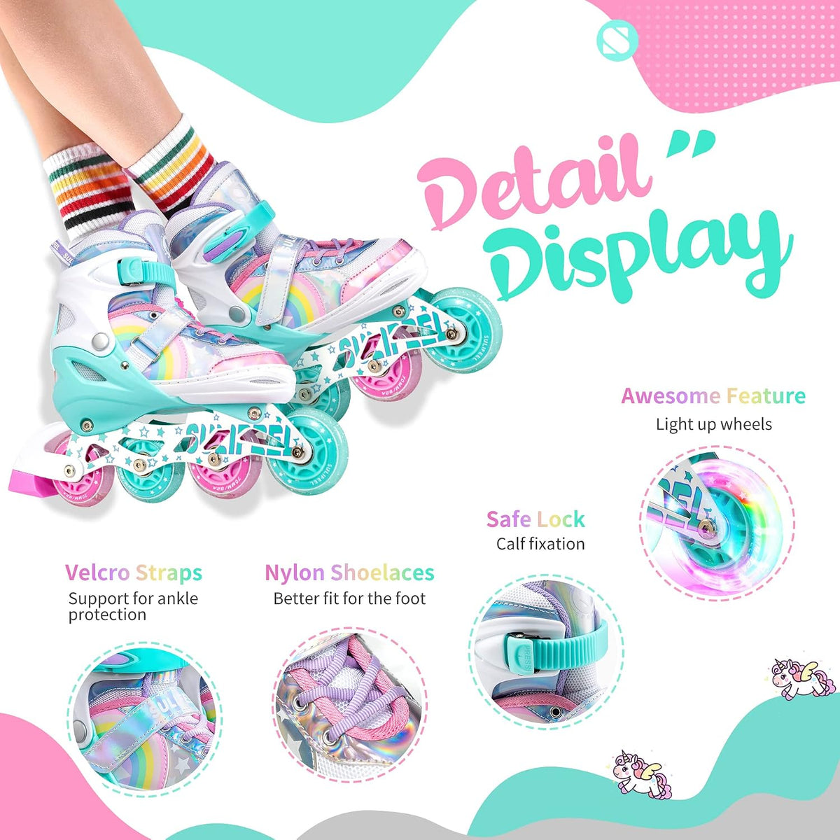 SULIFEEL Rainbow Unicorn Adjustable Kids Inline Skates for Girls Boys – Fun for Kids & Family - A Rainbow / Small - Little Kid - image 2