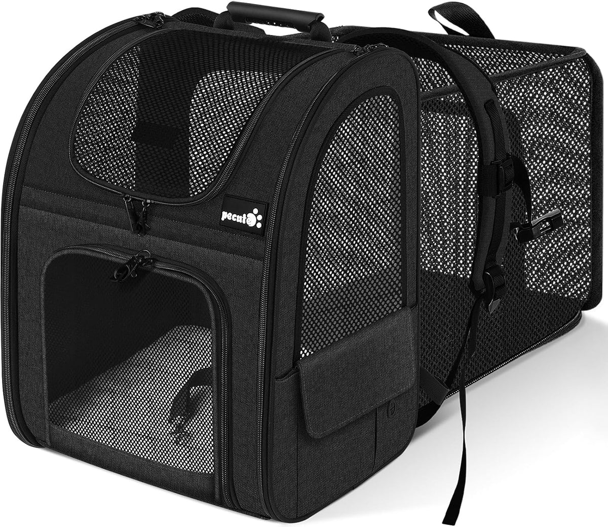 pecute Cat Backpack Expandable - Black / 12.6"L x 10.2"W x 16.5"H / Mesh Window