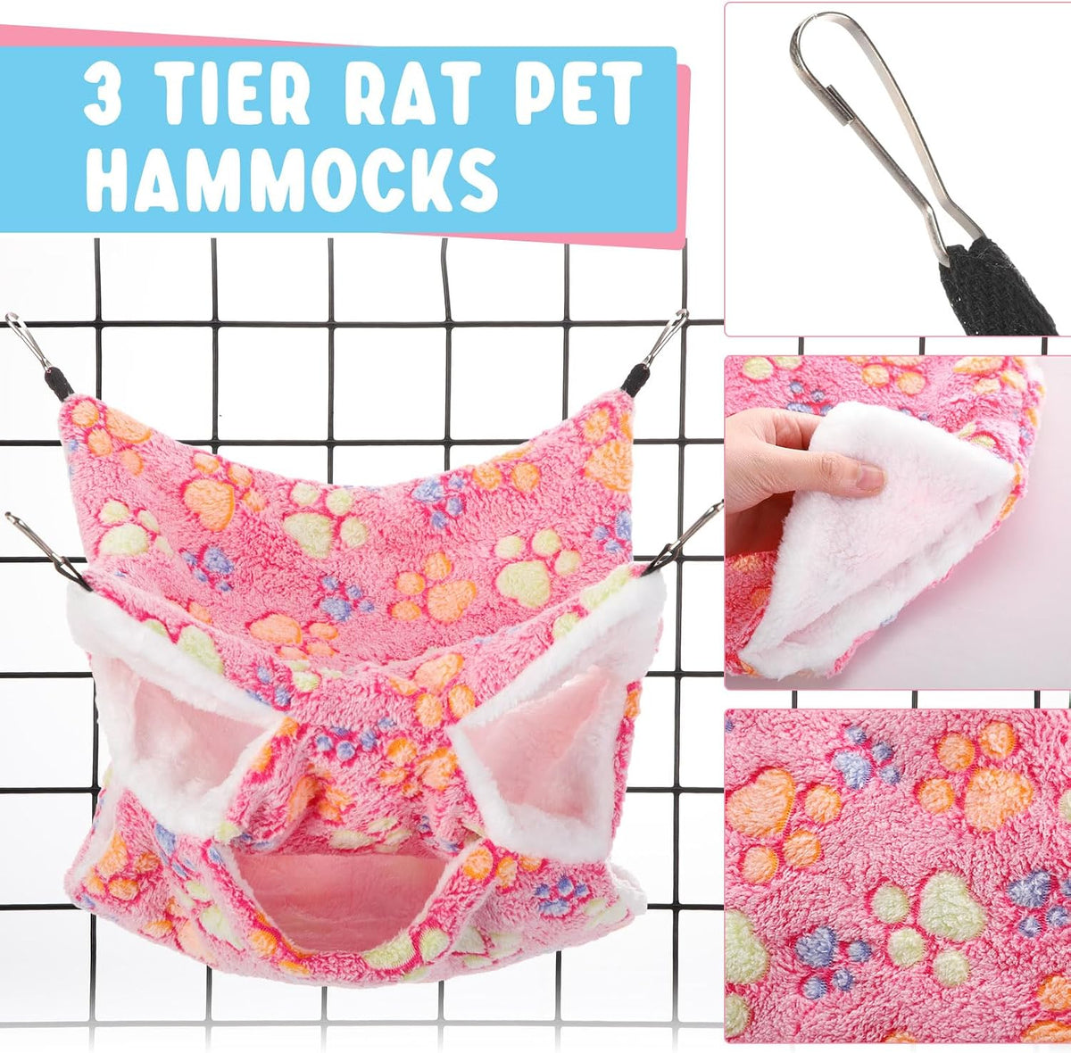 Abbylike 9 Pieces Rat Hammock 3 Tier Guinea Pig Ferret Hammocks Small - Purple, Pink, Rose Red / Paw - image 3