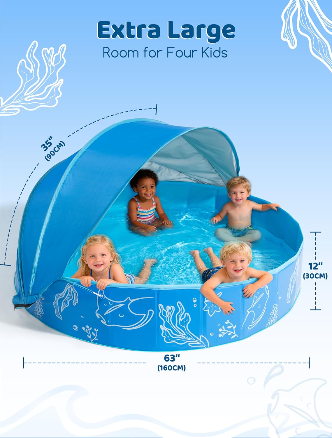 Hikiddy Foldable Kiddie Pool with Canopy: Baby Infant Toddler Kids - Blue-blue / 63in - image 2