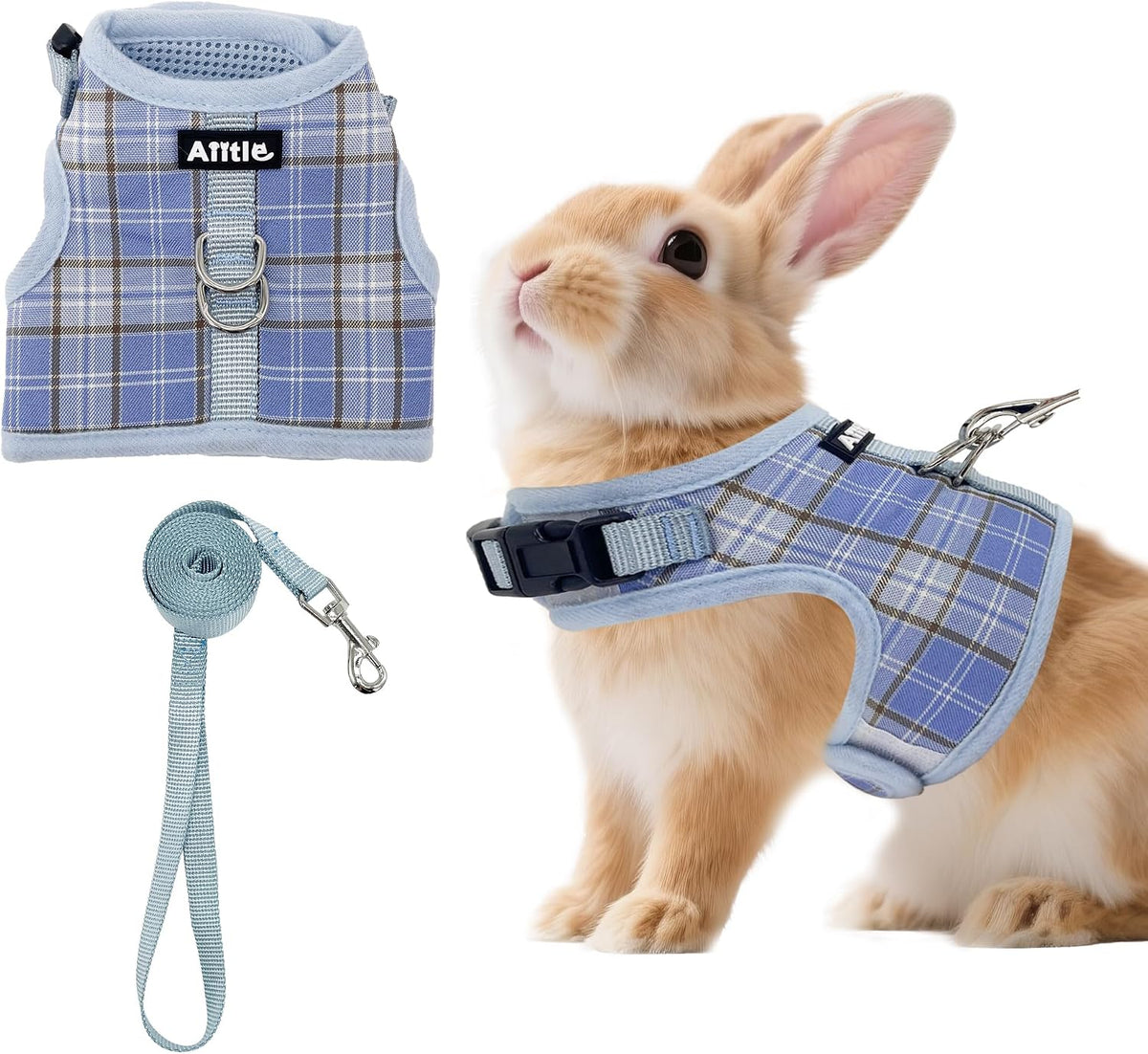 Plaid Breathable Rabbit Harness and Leash Set Escape Proof - Blue / M