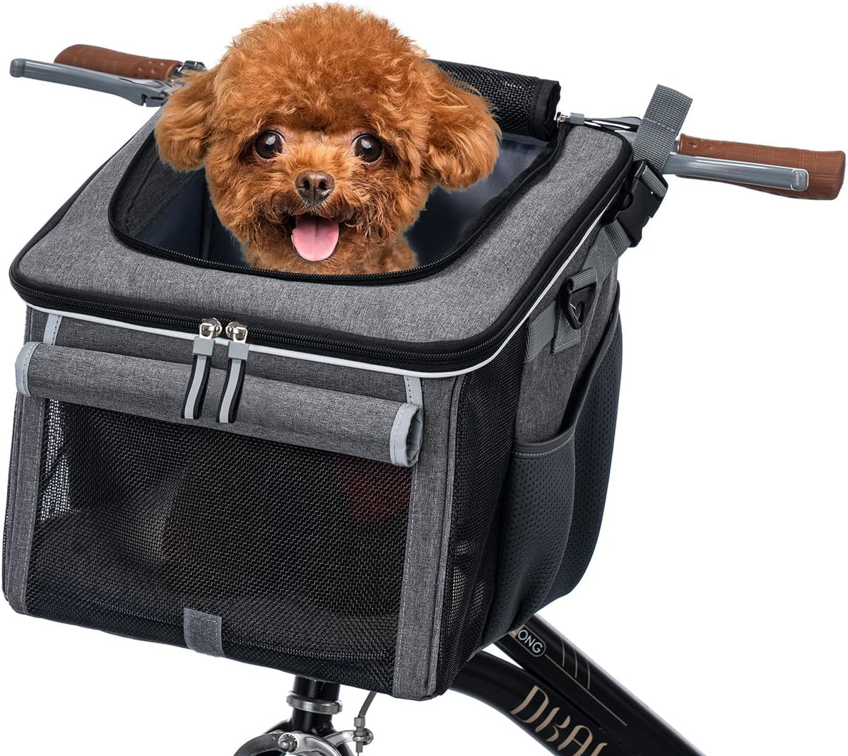 Dog Bike Basket, Soft-Sided Dog Bike Carrier with 4 Mesh Windows for Small Dog Cat Puppies - Grey - Grey