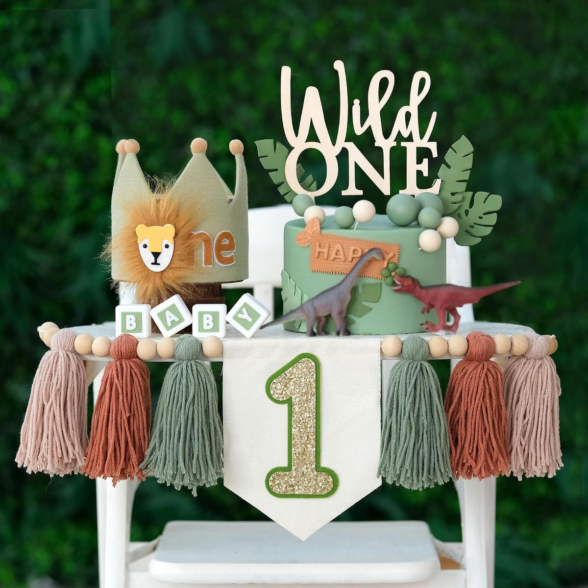 First Birthday Decorations for Boy Blue One Year Old High Chair - Green Lion - image 4