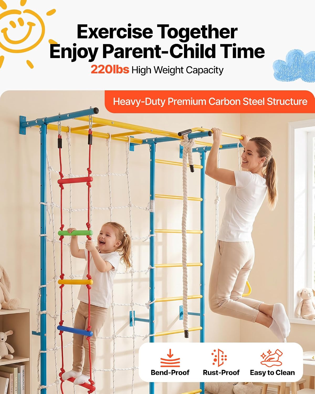 VEVOR indoor jungle gym for toddlers, multicolor 7-in-1 climbing set with rope ladder and gym rings - view 4