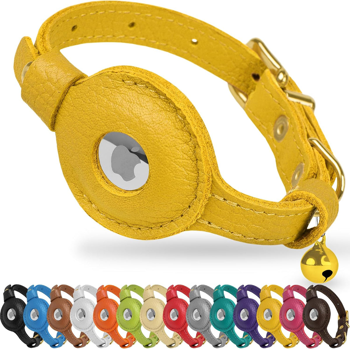 OOPSDOGGY Leather AirTag Cat Collar with Bell - Yellow