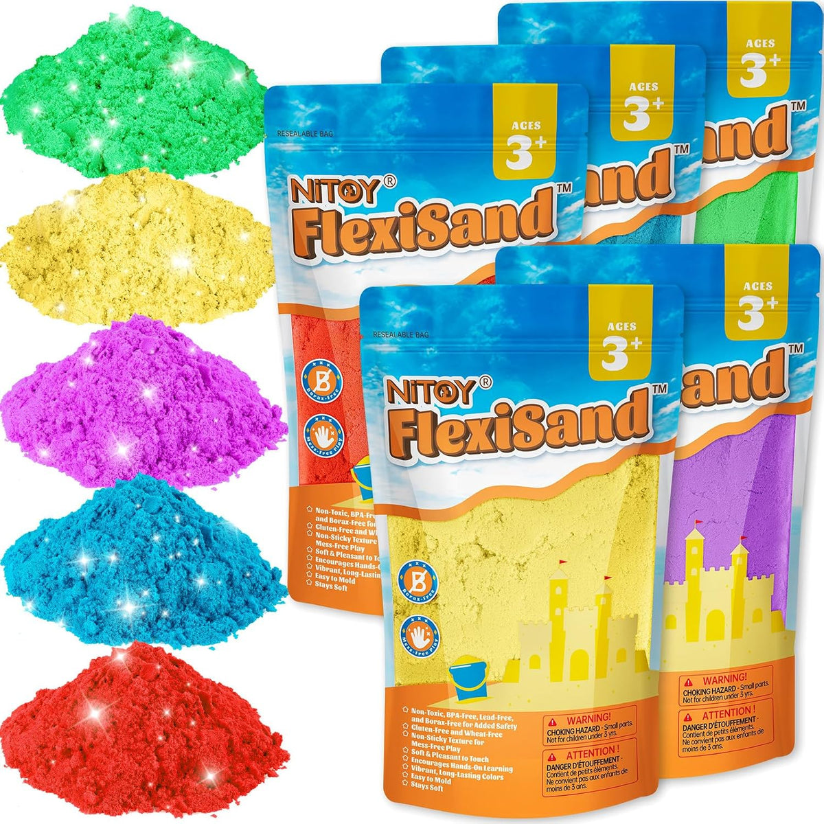 NiToy FlexiSand 11lbs Toy Sand 5 Colors Self-Sticking Non-Toxic - 5 Dark Colors
