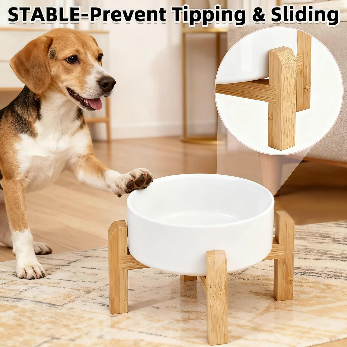 Elevated/Raised Ceramic Dog Bowl with Bamboo Stand，6 Inch 3.6 Cups - White / Large - image 4