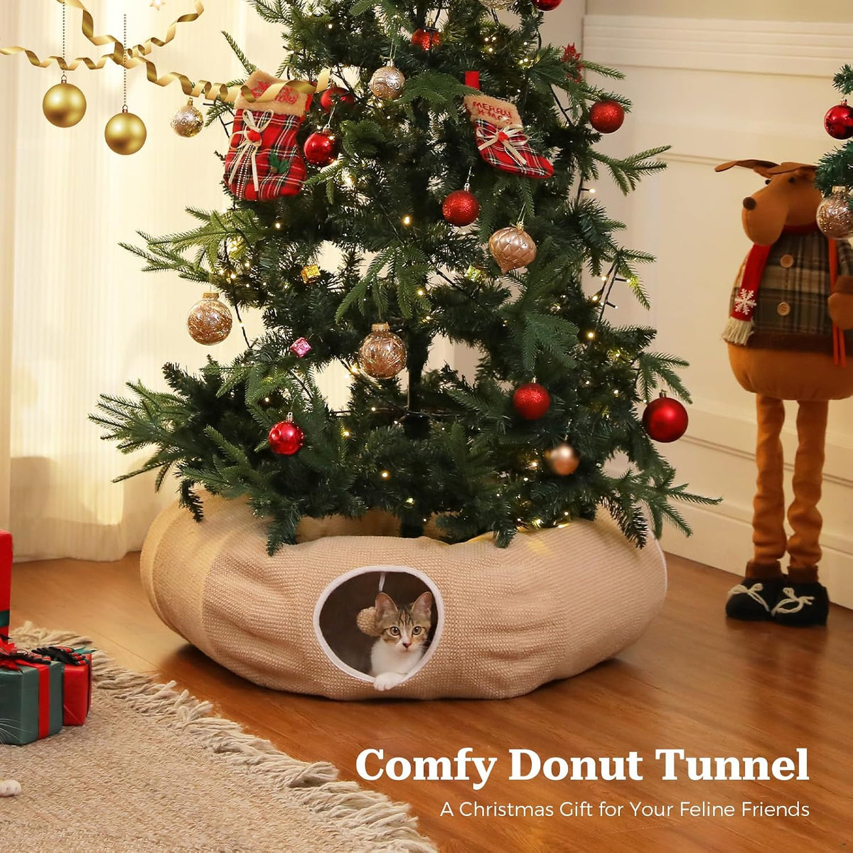 PEQULTI Beige Donut Cat Tunnel Bed Washable Plush Mat Multi for Small - New Beige - image 2