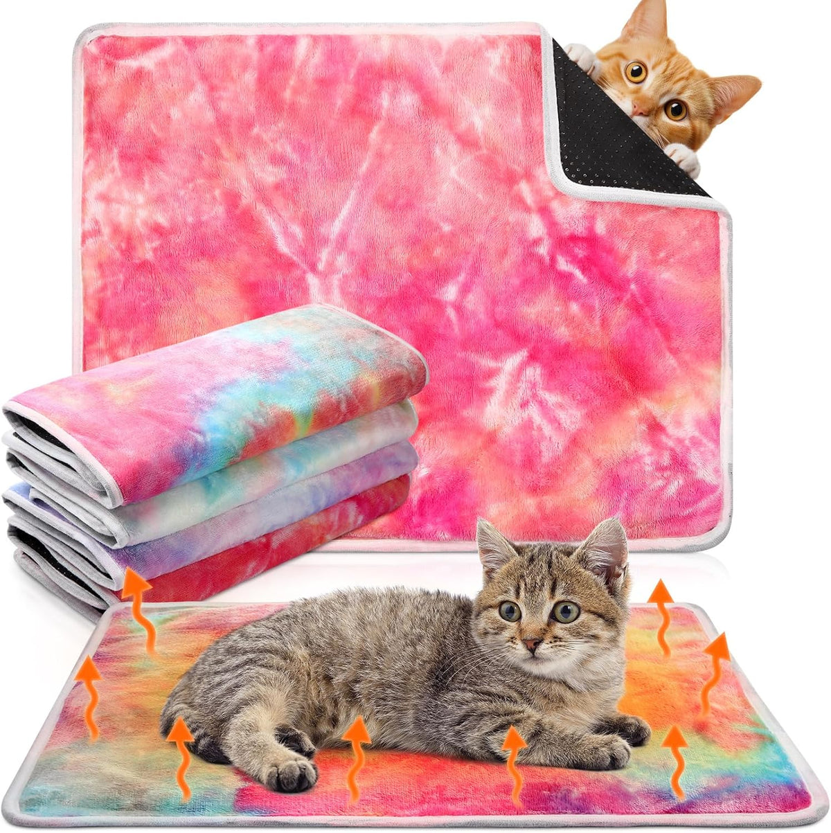 4 Pack Self Heating Cat Pad Self Warming Dog Mat, Heart - Tie Dye / 16 x 20 Inches