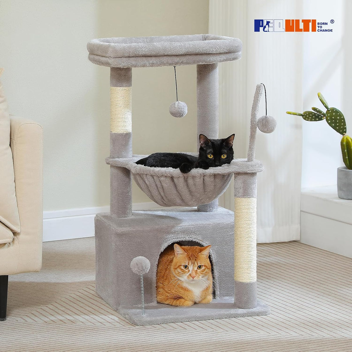 PEQULTI Small Cat Tree Tower for Indoor Cats - Grey / L(15.8"L x 15.8"W x 33"H) - image 2