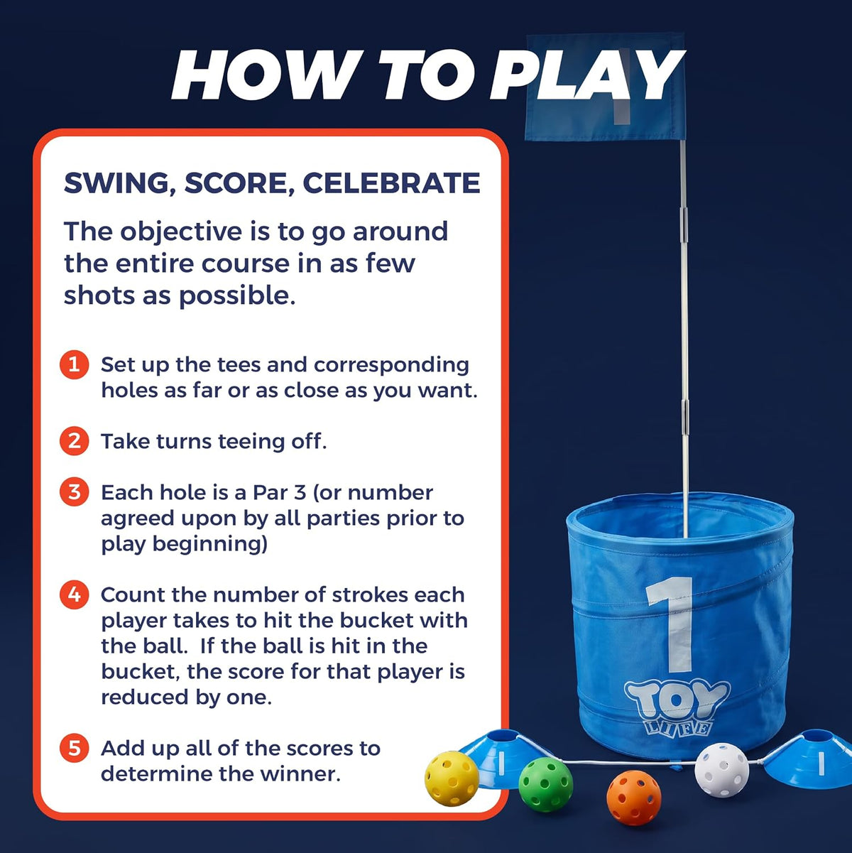 TOY Life backyard bucket golf game set with blue golf buckets, flag and golf balls on a lawn - view 9