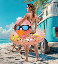 POZA inflatable duck pool float tube with gold confetti, sunglasses and orange beak - view 24