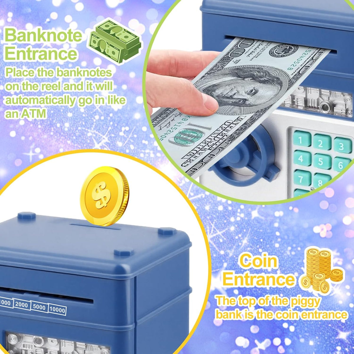 Piggy Bank for Kids Girls Boys with Password Code Lock Cash Coin Can - Dark Blue Without Sitcker - image 2