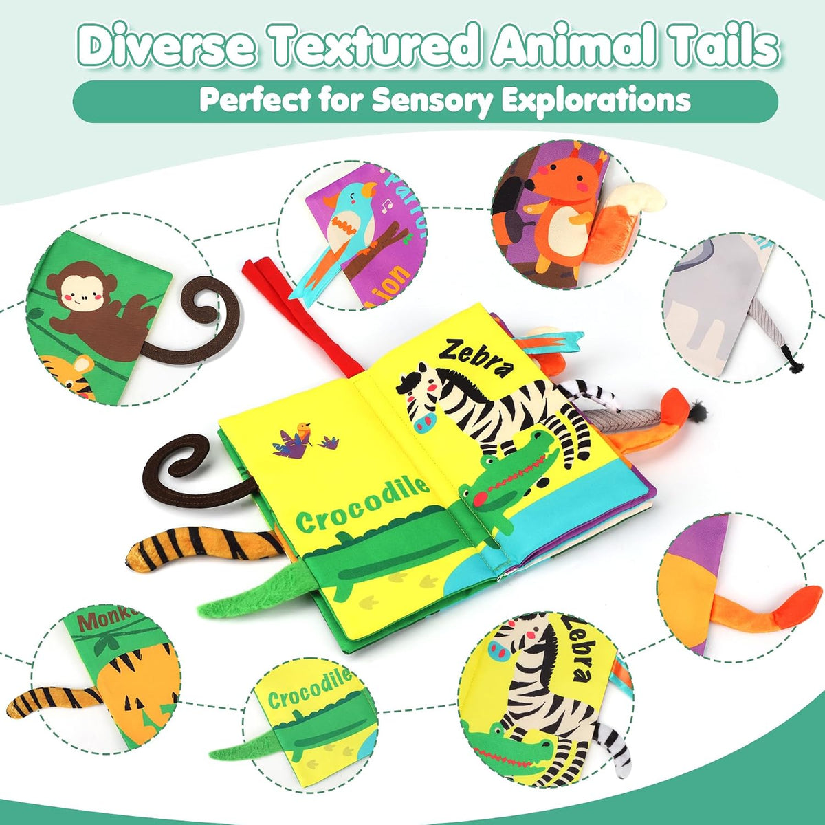 beiens Baby Books Toys, Tummy Time Touch and Feel Sensory Toys for Infant – Fun for Kids & Family - Jungle Tails-1 Book - image 2