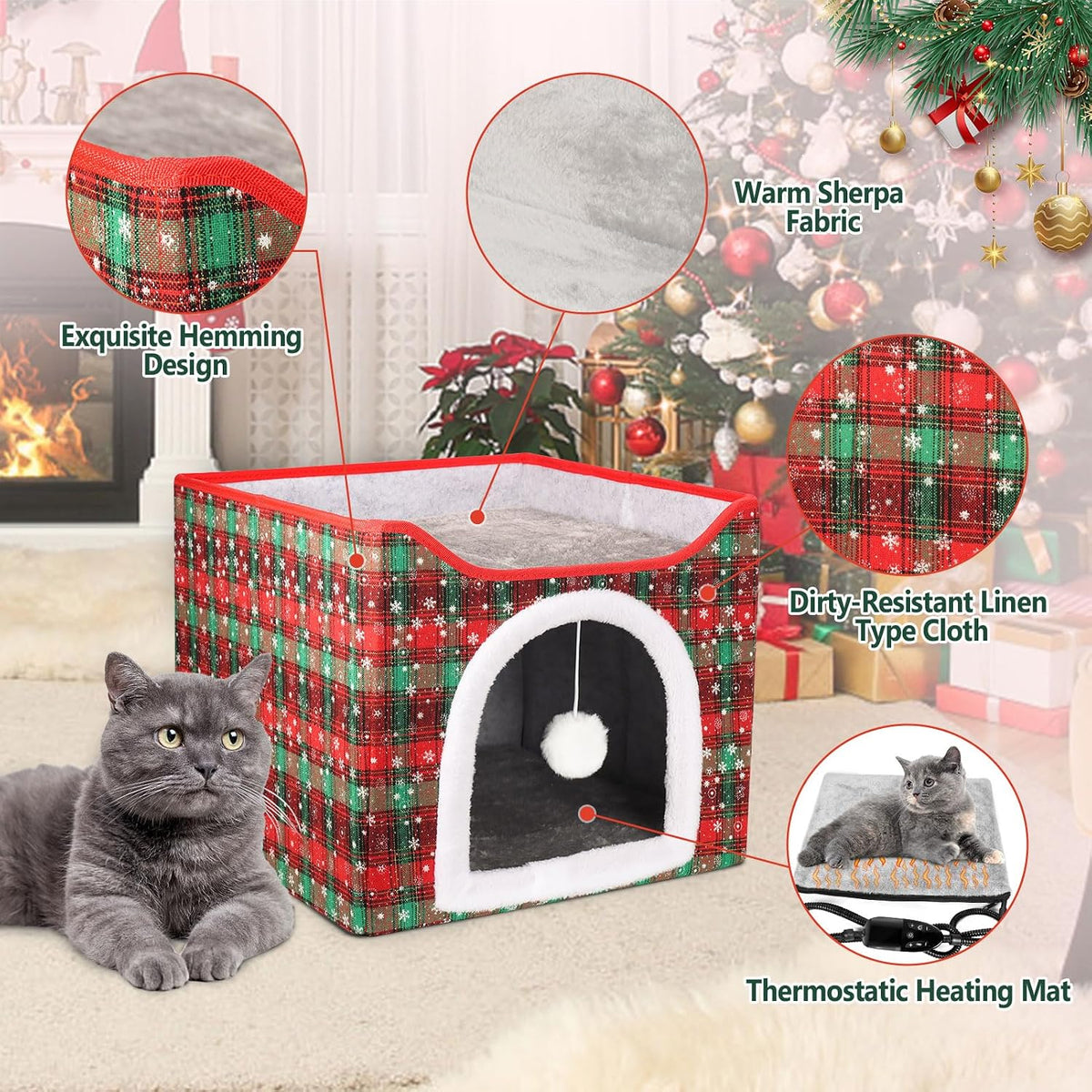Heated Cat Bed for Indoor Cats - Christmas Red - image 4