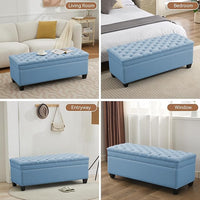 51" Fabric Storage Ottoman Bench, Upholstered Rectangle End of Bed Storage Ottoman Tufted Living Room Bedroom Bench with Safety Hinge, Solid Wood Legs, Loads 500 lb(Light Blue)