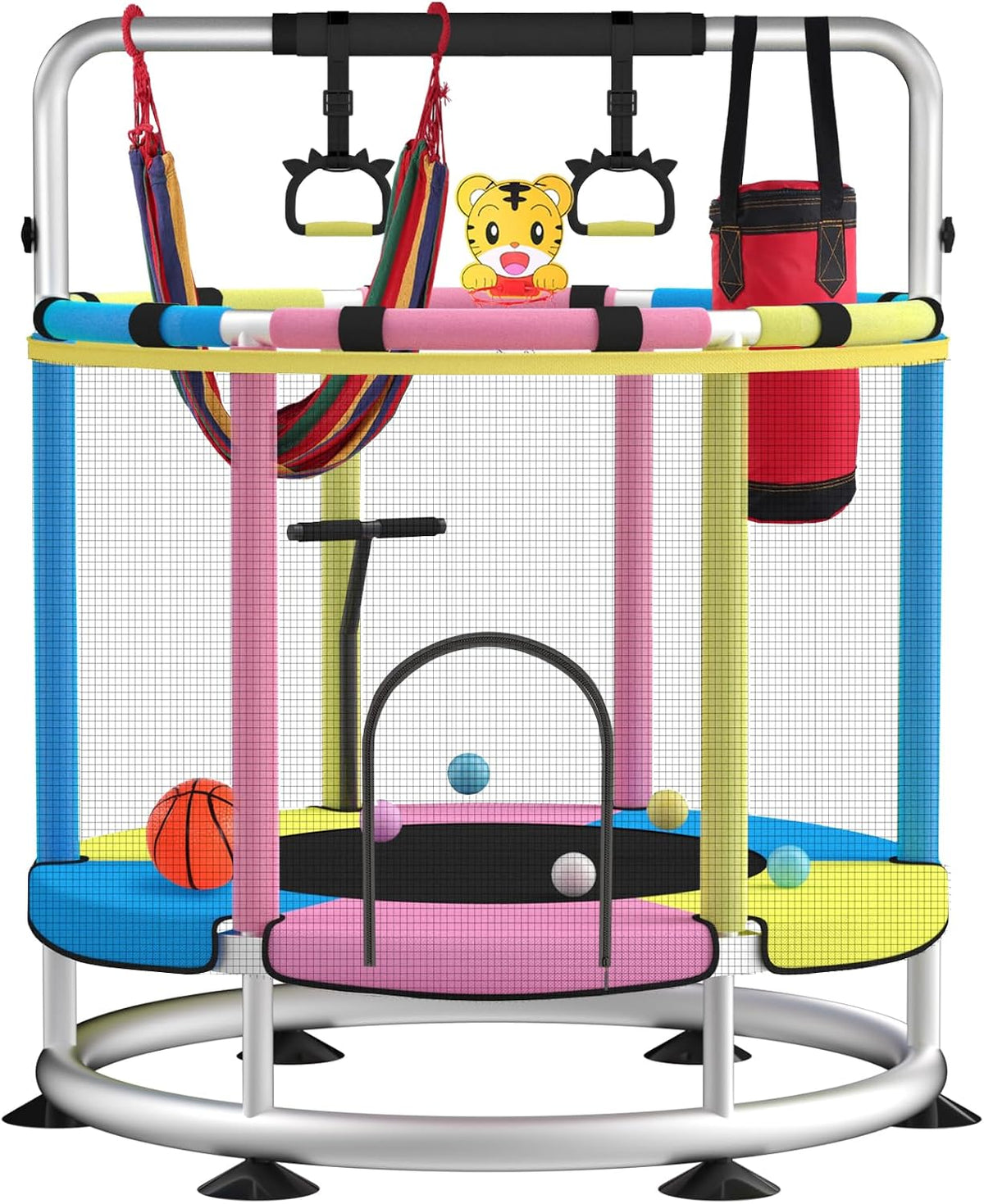 BLINWORLD toddler trampoline with enclosure net, T-handrail and basketball hoop - view 3