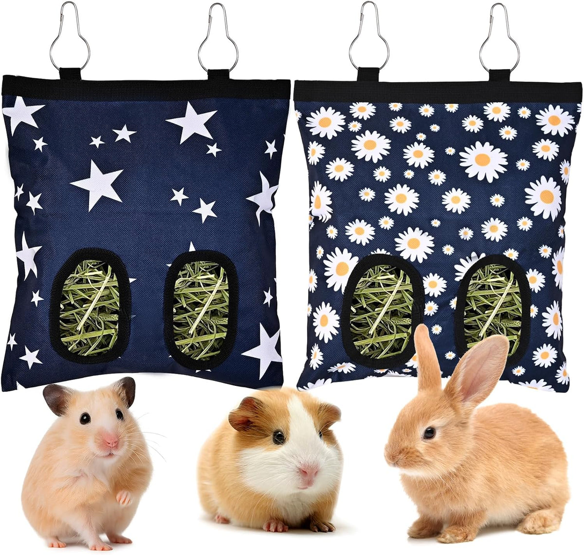 Upgraded Rabbits Hay Feeder Bag for Bunny, Guinea Pigs - Blue Star and Blue Daisy