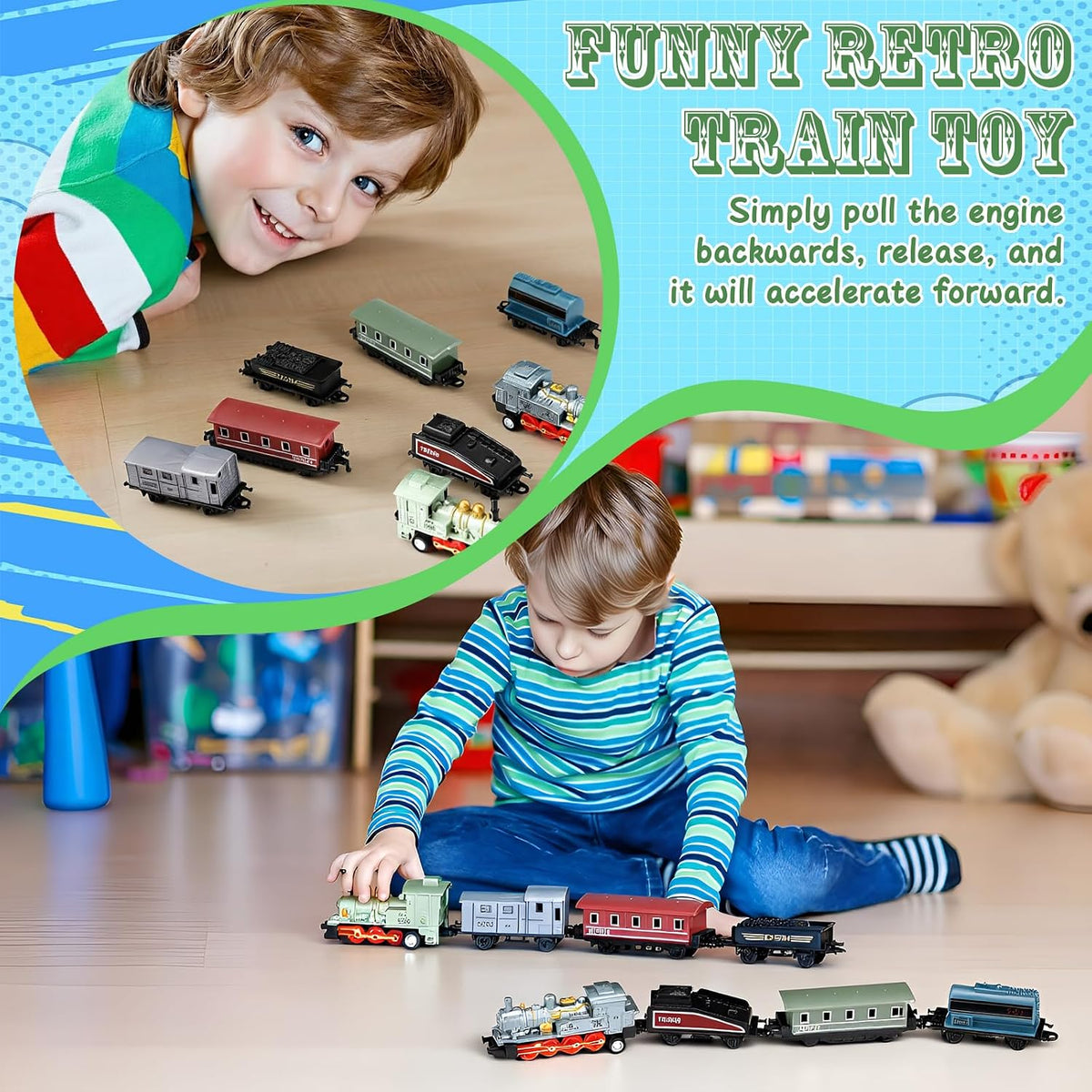 Hanaive 2 Set Train Toys Small Pull Back Train Steam Locomotive - Blue,green - image 3