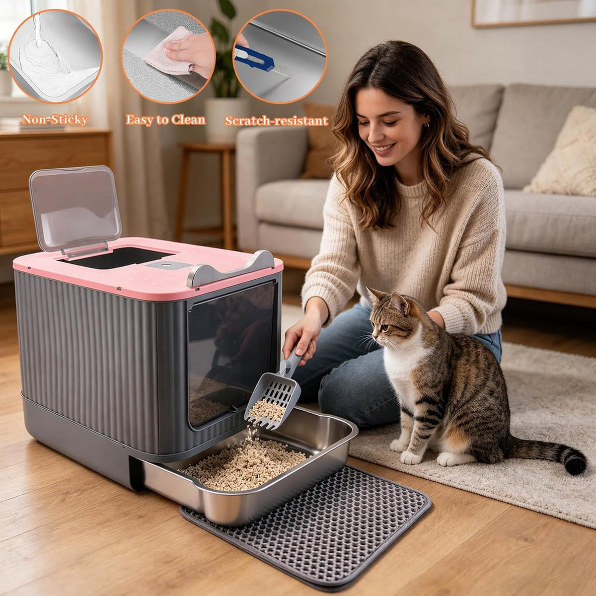 Stainless Steel Cat Litter Box Enclosed, Dual Entry - Pink - image 3