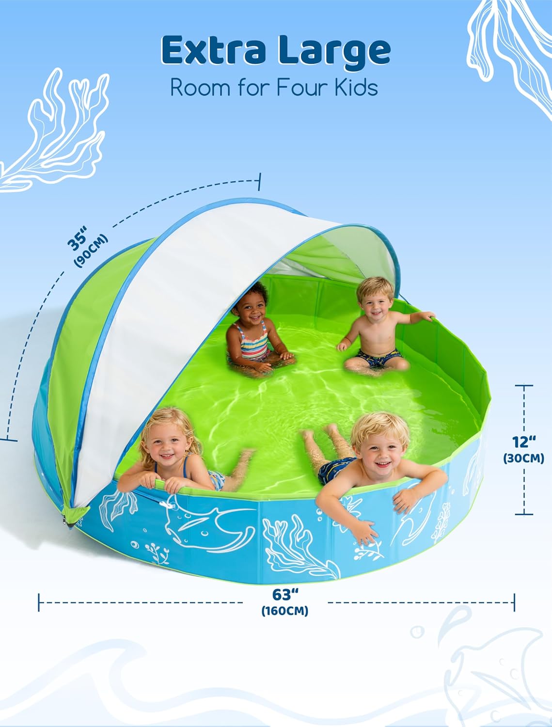 Hikiddy Foldable Kiddie Pool with Canopy: Baby Infant Toddler Kids - Blue-green / 63in - image 2