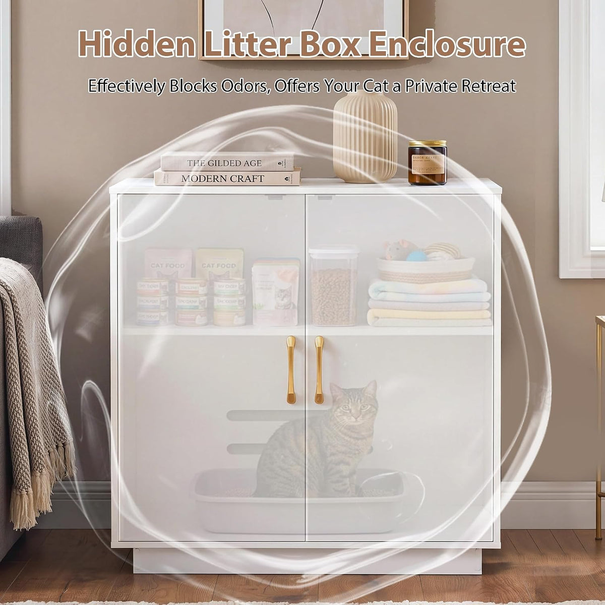 Gitelsnour 30.9'' Litter Box Enclosure Furniture, Hidden Storage - 27.6'' L x 17.7'' W x 31.3'' H / White - image 3