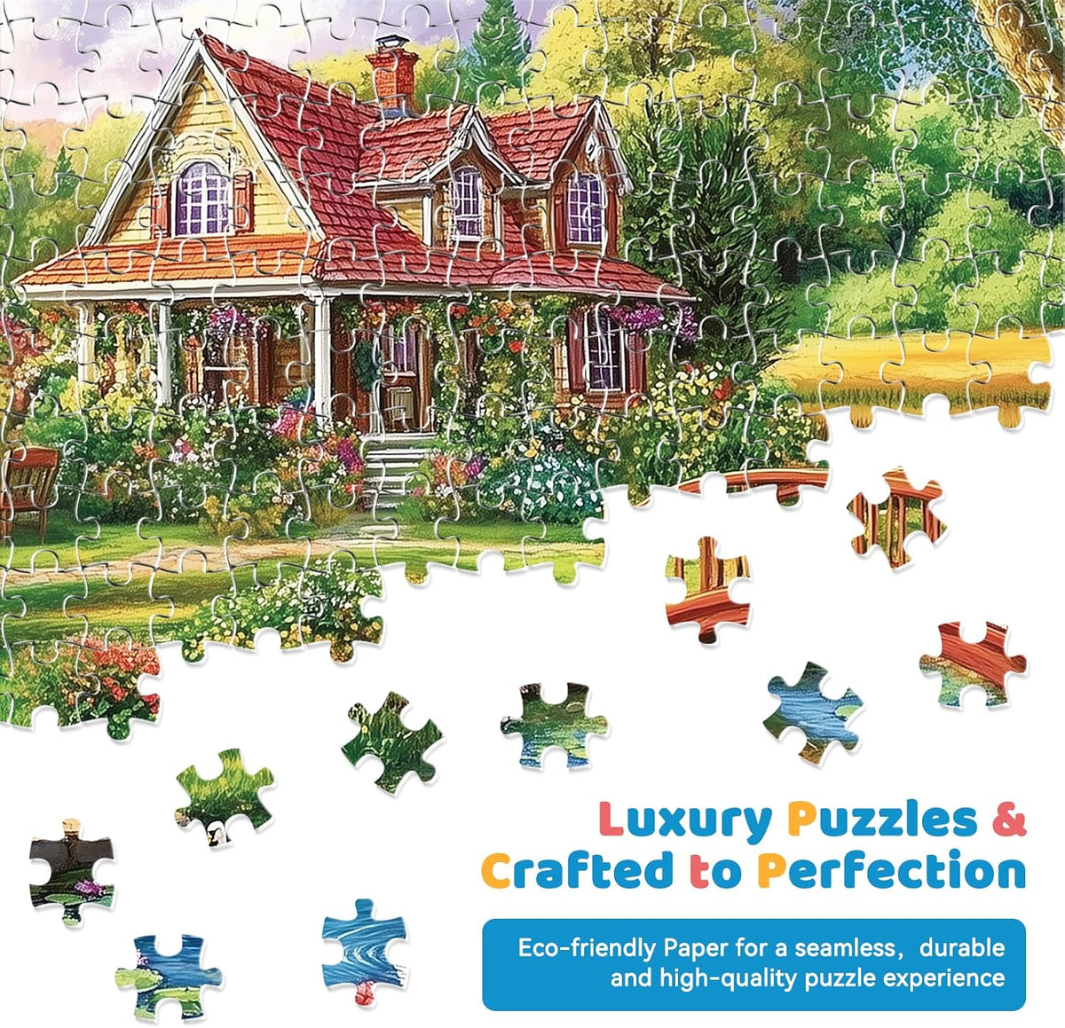 EIYRURU 300 piece jigsaw puzzle of a cottage garden with swans and bridge - view 23