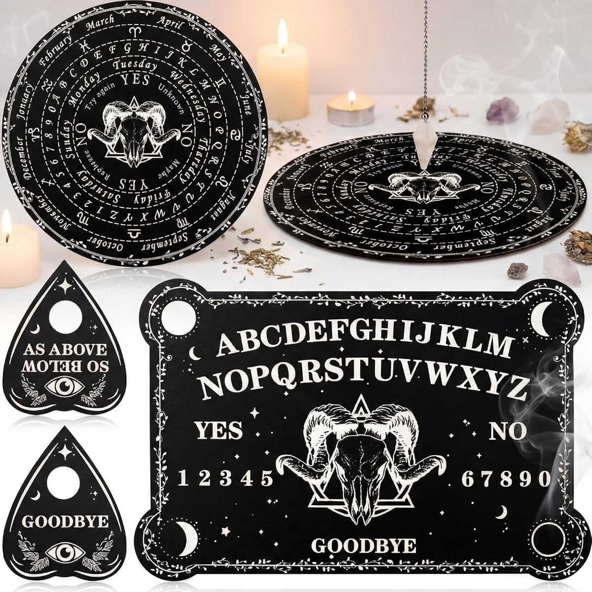 Threan Pendulum Board with Amethyst Pendulum Star Style Planchette Set – Fun for Kids & Family - Ram Skull Style