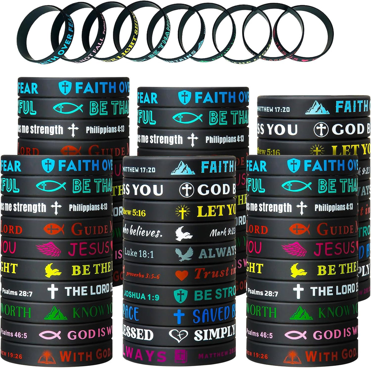 Bible Verse Bracelets – 80 Pcs Bulk Jesus Silicone Wristbands – Fun for Kids & Family - Black
