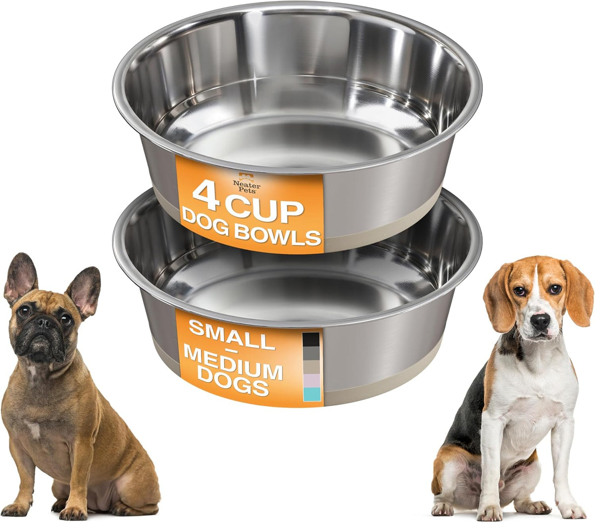 Neater Pet Brands Stainless Steel Dog Bowls with Non-Slip Rubber - 4 Cup (Set of 2) / Tan