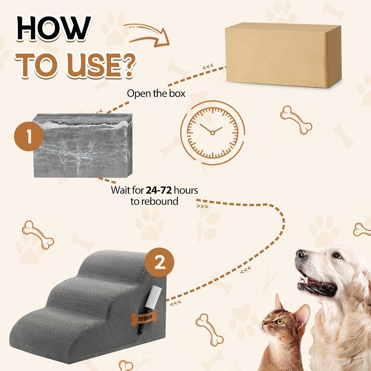Dog Stairs Ramp for High Bed - 3 Step-15.7"H / Fleece-Grey - image 2