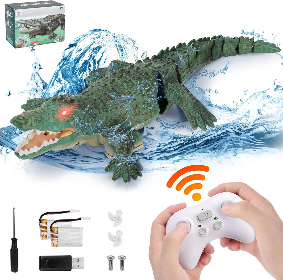 GearRoot remote control crocodile boat toy with glowing eyes swimming in a pool