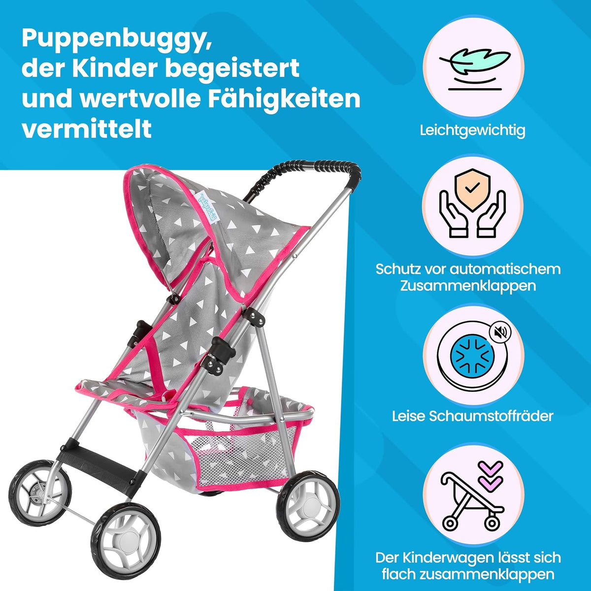 Baby Doll Stroller, Pram for Girls, Umbrella Stroller for Kids - Grey in Triangles - image 2