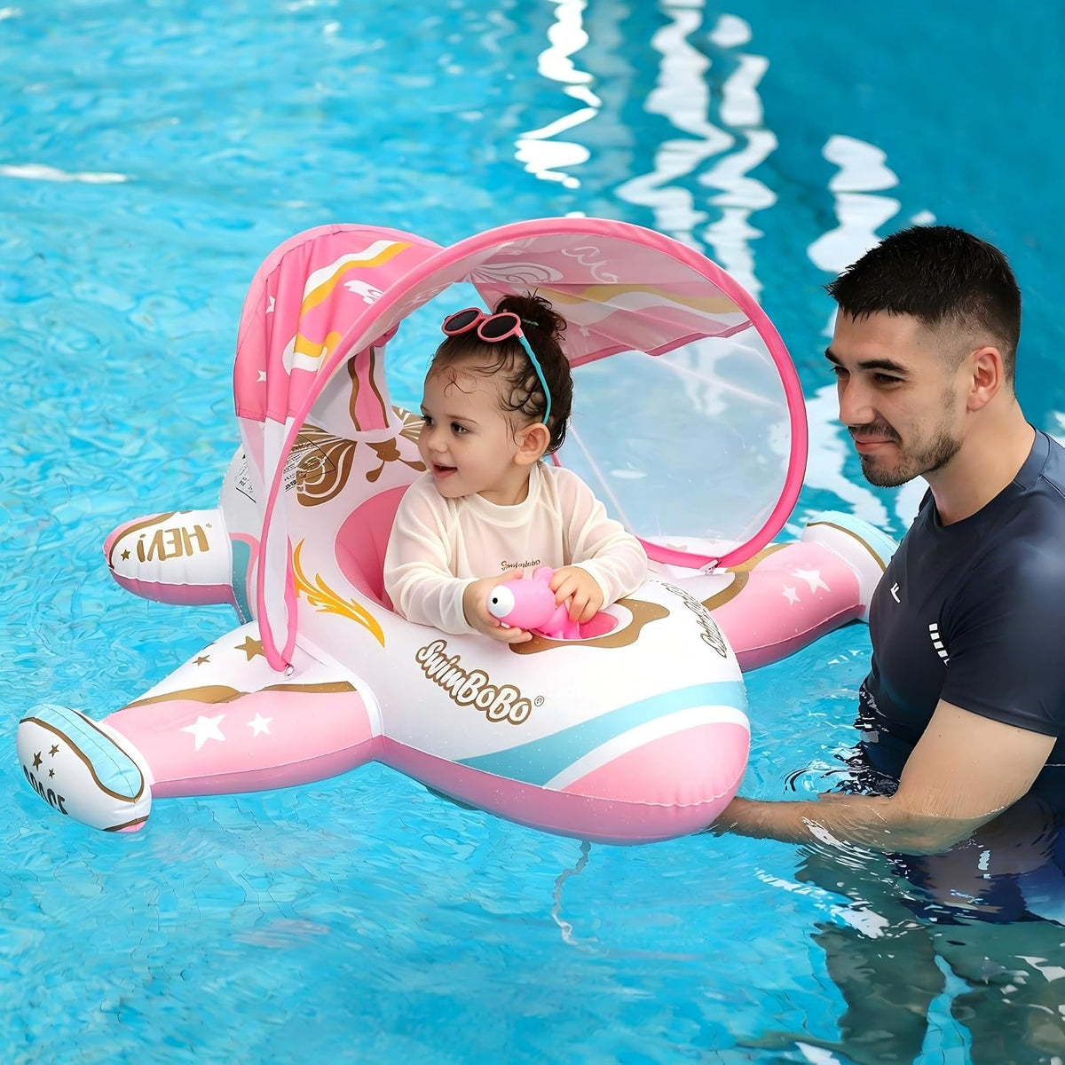 Toddler Float Inflatable Baby Swim Float with Canopy and Seat Pool - Pink Airplane Water Gun