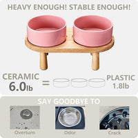 Ceramic Elevated Dog Bowls, Pet Food and Water Bowl Set for Medium and Small Dogs, 3.5 Cups Dog Bowls Raised with Wood Stand, 29OZ, Pink