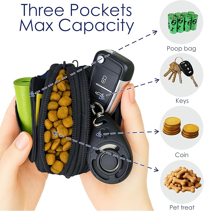 Dog Treat Pouch for Pet Walking and Training with Clicker Poop Bags, and Three Bags Design Small Fanny Zipper Pack Holder for Puppy Snack Dispenser Kit for Leash and Outdoor Use (Orange)