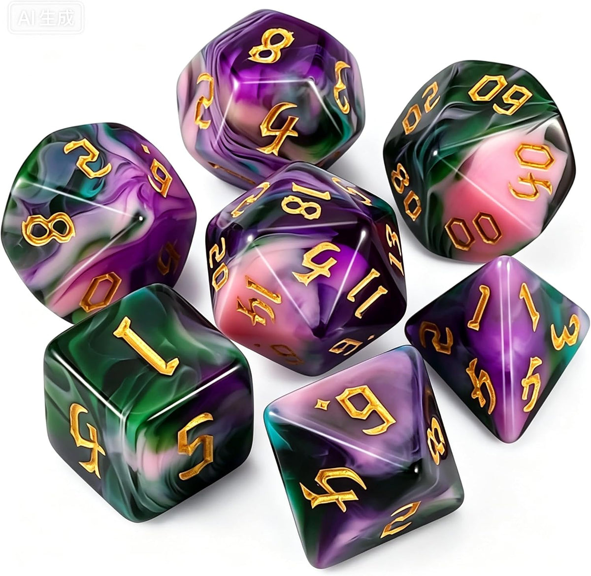 QMAY DND Dice Set - 7Pcs Blue Mix White Polyhedral Dice with Black Dice Bag – Fun for Kids & Family - Purple Green Four Colors