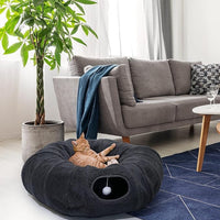 R1M Cat Tunnel Bed for Indoor Cats, Cute Cat Donut Tunnel Toys for Small, Larger Cats with Two Fish Cat Toys, Round Pet Peekaboo Cave Toy for Kitten, Dark Grey