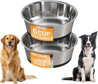Neater Pet Brands Stainless Steel Dog Bowls with Non-Slip Rubber - 6 Cup (Set of 2) / Black